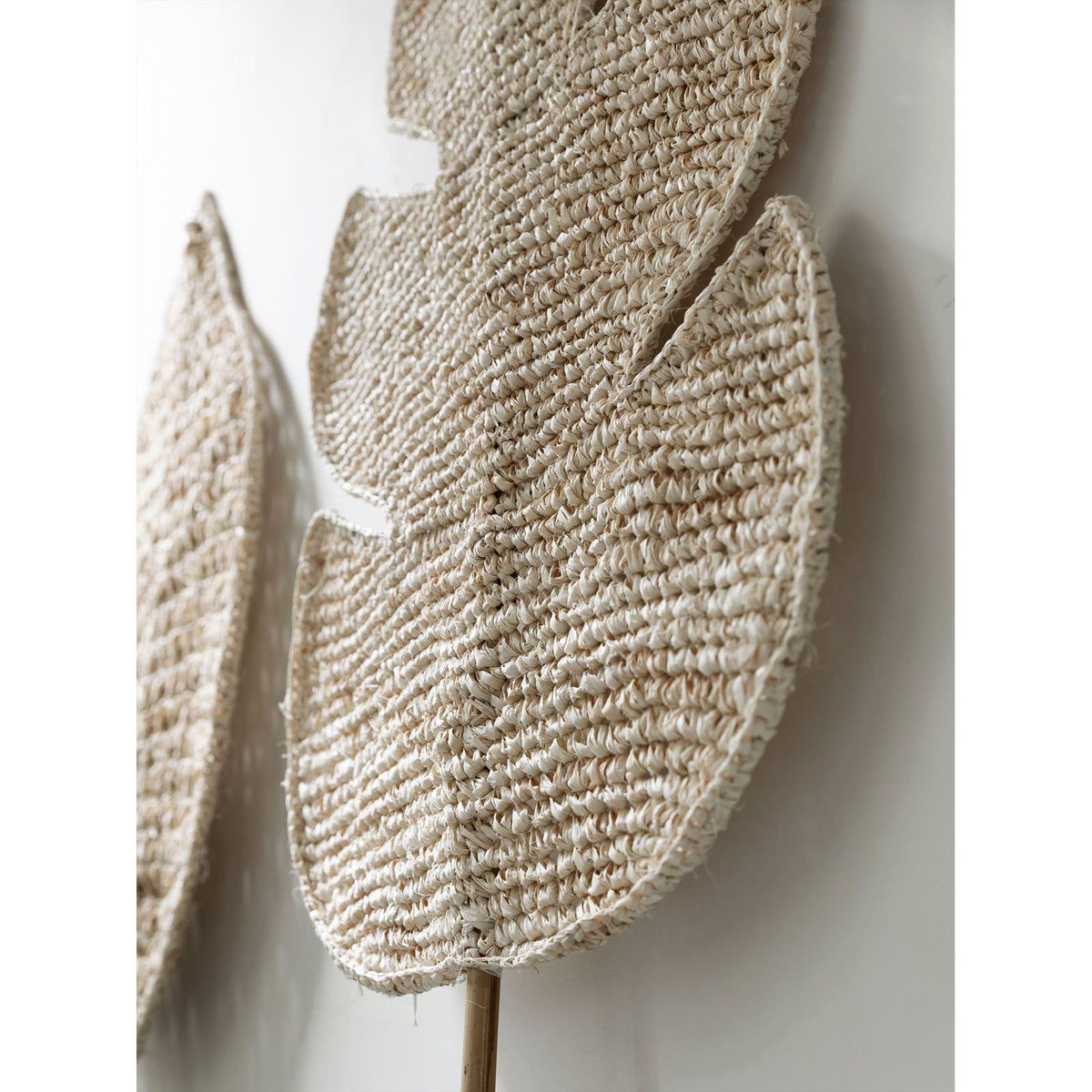 Wandblad Persica van MUST Living, hoog palmblad in naturel zandkleur als wanddecoratie in een woonkamer