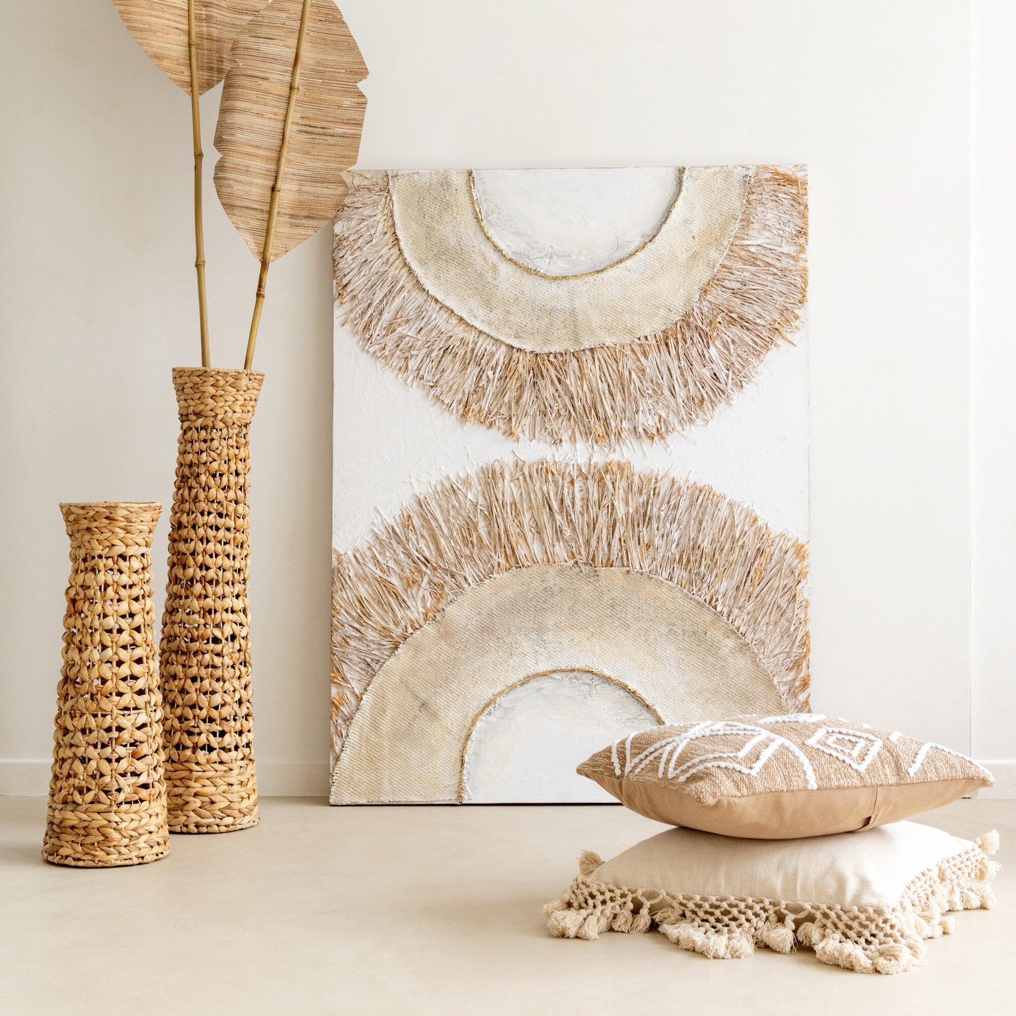 Wanddecoratie Ibiza Canvas/Verf Creme/Wit Set van 2 - Schilderij - J-Line - livinglovely.nl