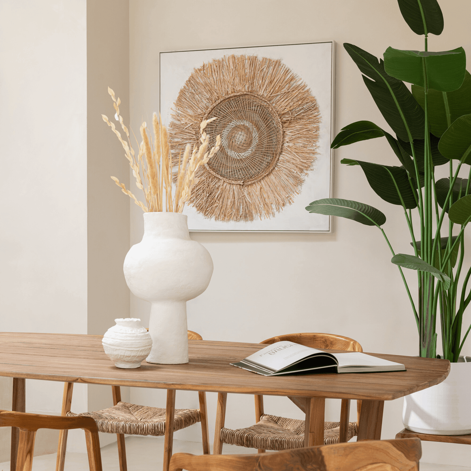 Wanddecoratie Ibiza Circle Canvas/Paint Cream/White Large - Schilderij - J-Line - livinglovely.nl