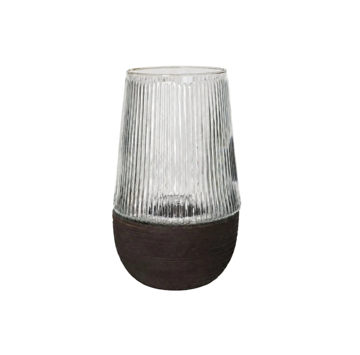 Windlicht Arbre Mangohout Donkerbruin van Pomax, windlicht met een basis van donkerbruin mangohout en geribbeld glas