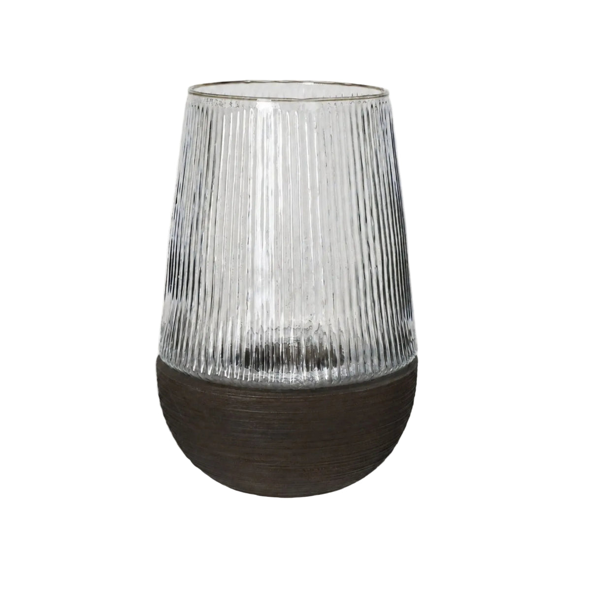 Windlicht Arbre Mangohout Donkerbruin van Pomax, windlicht met een basis van donkerbruin mangohout en geribbeld glas