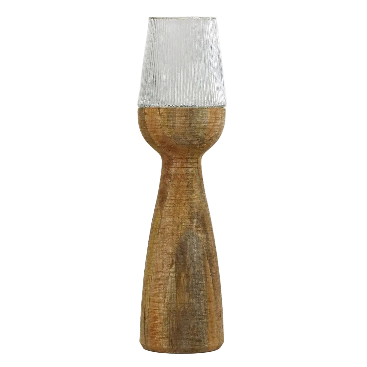 Windlicht Arbre Mangohout Naturel van Pomax, windlicht op een hoge voet van naturel mangohout met geribbeld glas