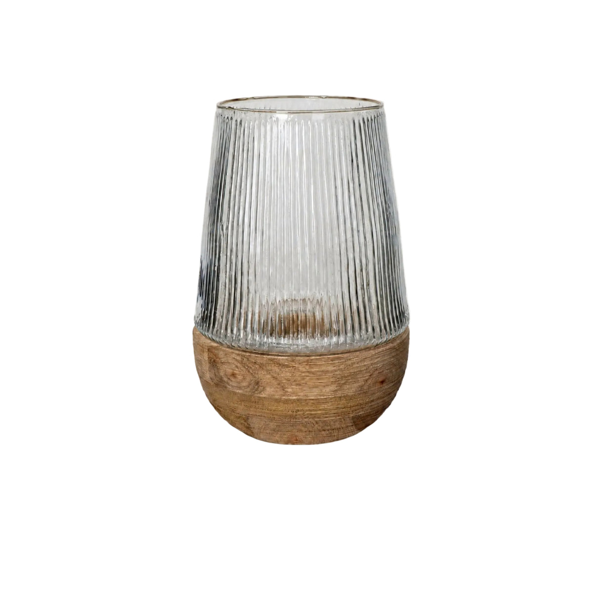 Windlicht Arbre Mangohout Naturel van Pomax, windlicht met een basis van naturel mangohout en geribbeld glas