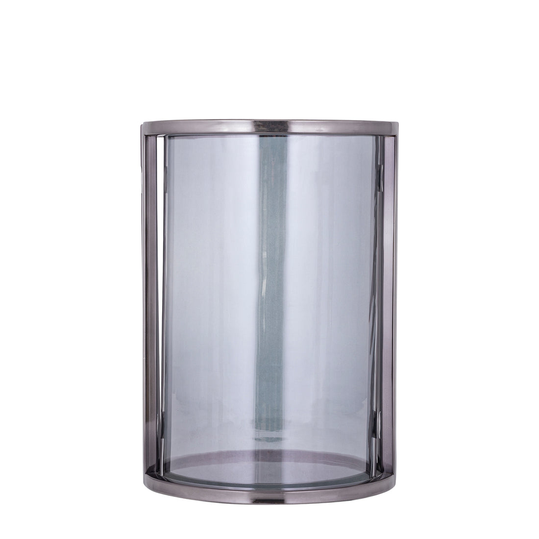 Windlicht Jarie Gunmetal Large van PTMD, windlicht met roestvrijstalen frame op witte achtergrond