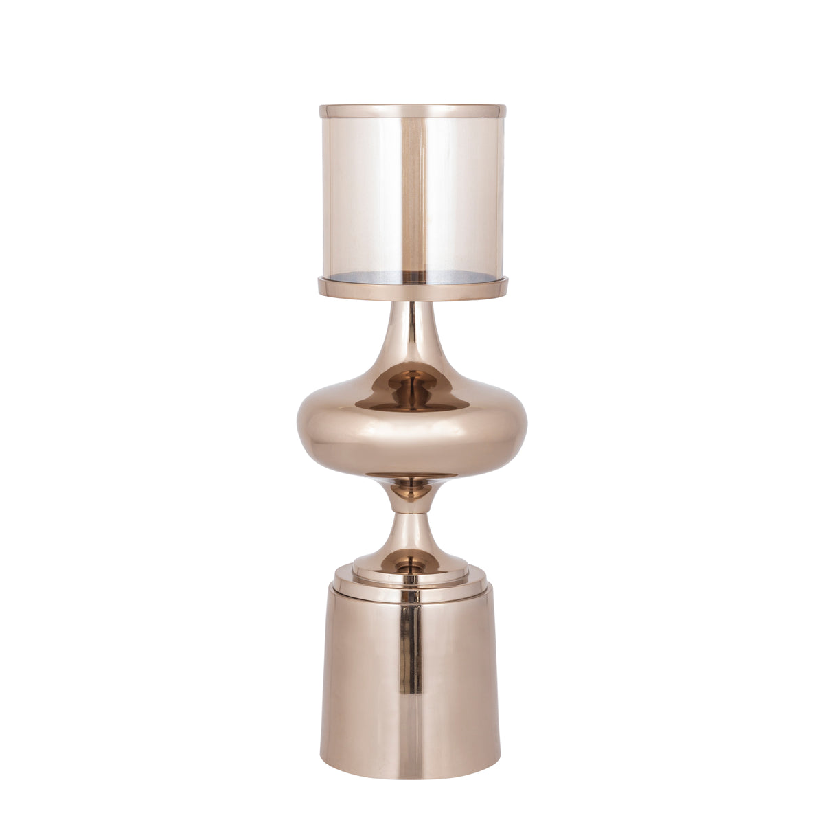 Windlicht Uvira Bruingoud Large van PTMD, aluminium met amberkleurige luster, volledig op witte achtergrond