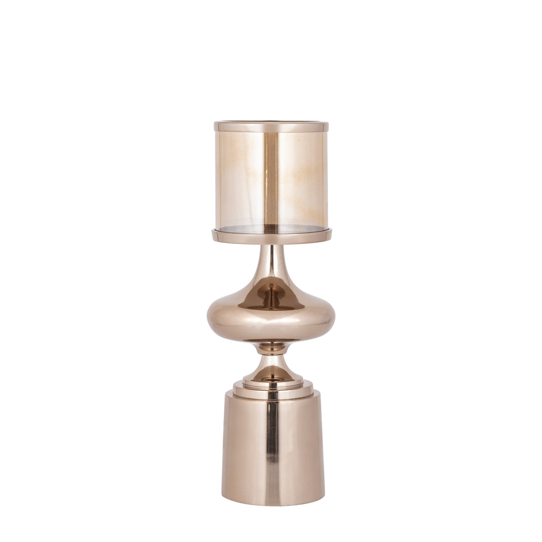 Windlicht Uvira Bruingoud Small van PTMD, aluminium met amberkleurige luster, volledig op witte achtergrond