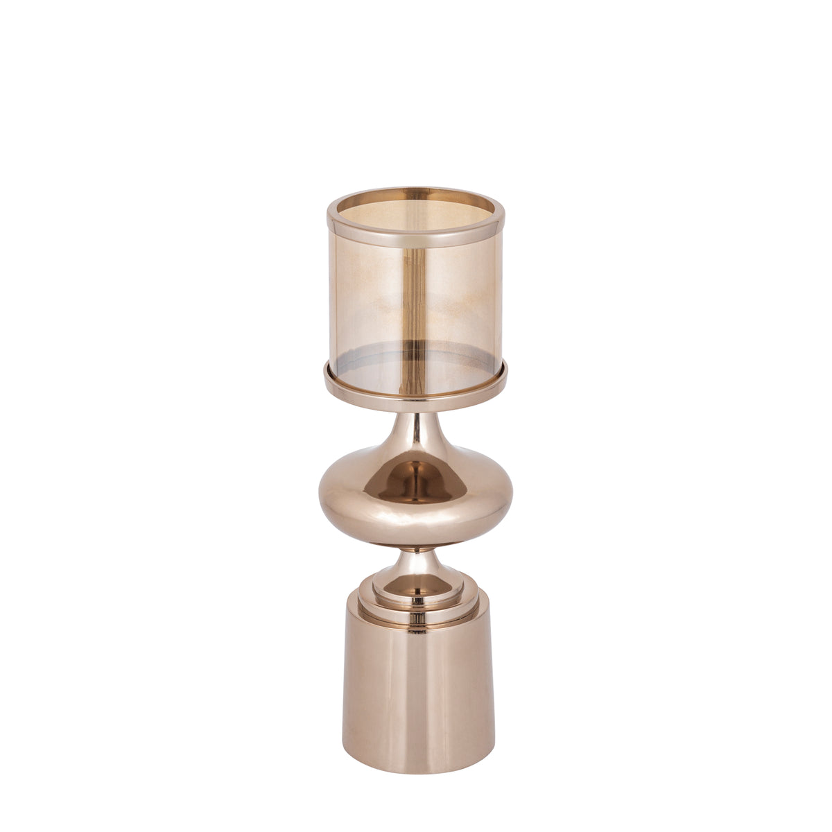 Windlicht Uvira Bruingoud Small van PTMD, tweede aanzicht van aluminium met amberkleurige luster
