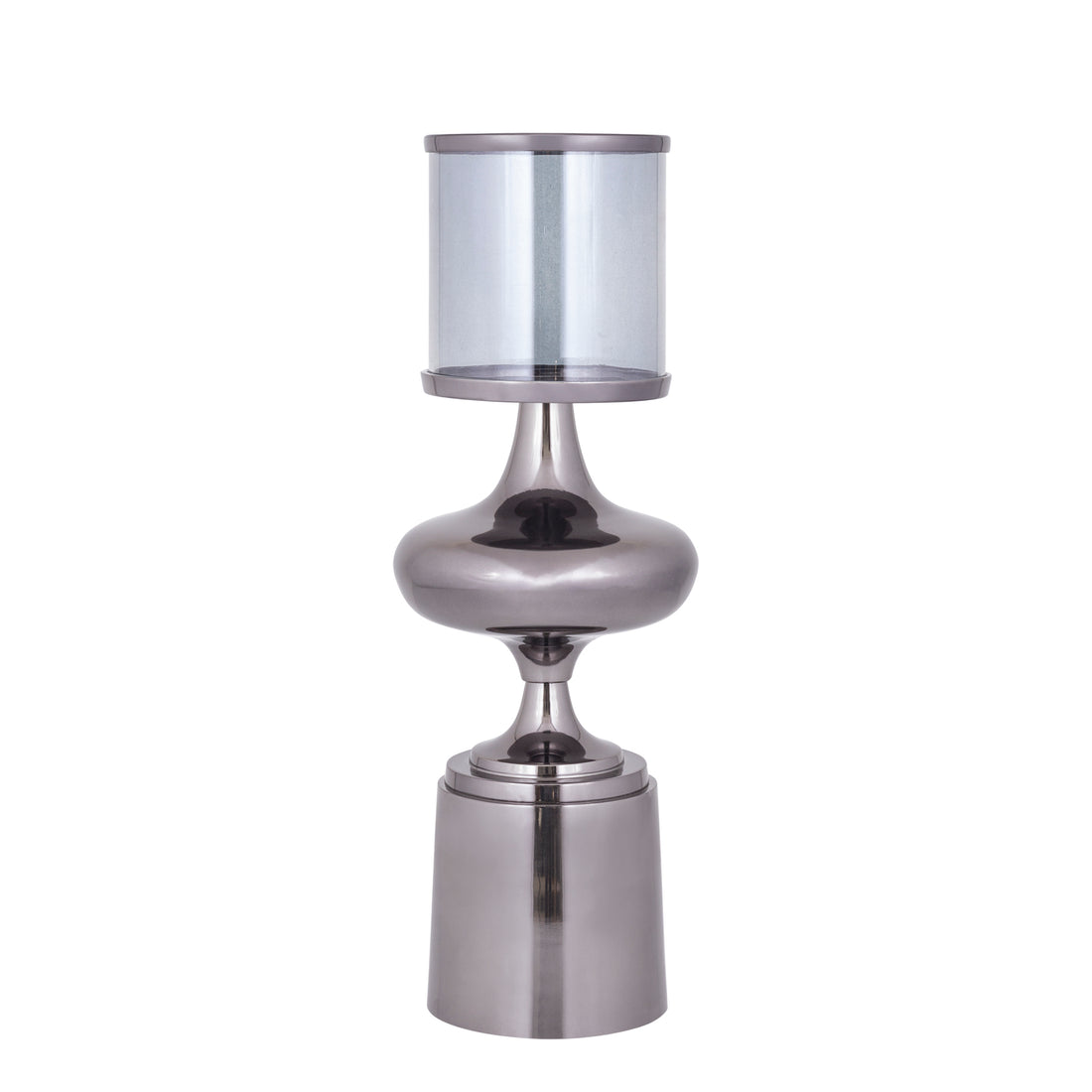 Windlicht Uvira Gunmetal Large van PTMD, aluminium met grijze gunmetal luster, op witte achtergrond