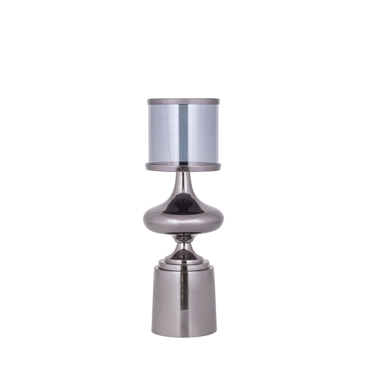 Windlicht Uvira Gunmetal Small van PTMD, aluminium met grijze gunmetal luster, op witte achtergrond