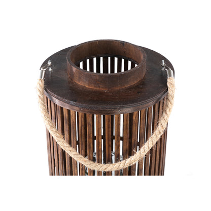 Zafria Brown Round Bamboo Lantern With Glass L PTMD - Lantaarn - PTMD - livinglovely.nl