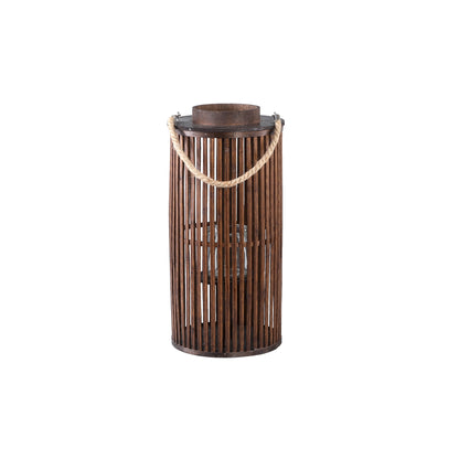Zafria Brown Round Bamboo Lantern With Glass S PTMD - Lantaarn - PTMD - livinglovely.nl