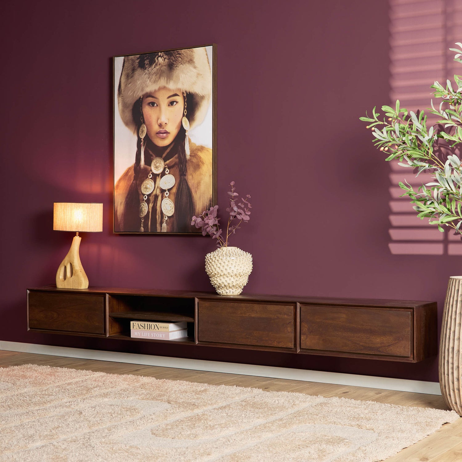 TV-meubel Ambiance Bruin 280cm van Starfurn, zwevend meubel van mangohout