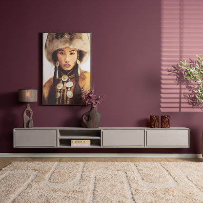 Zwevend TV-meubel Ambiance Mangohout Taupe 280cm van Starfurn, slank wandmeubel