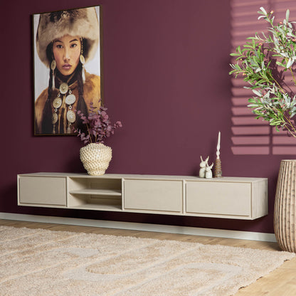 Zwevend TV-meubel Ambiance Mangohout Zand 280cm van Starfurn, slank wandmeubel
