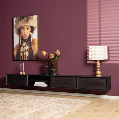 TV-meubel Ambiance Zwart 280cm van Starfurn, zwevend meubel van mangohout