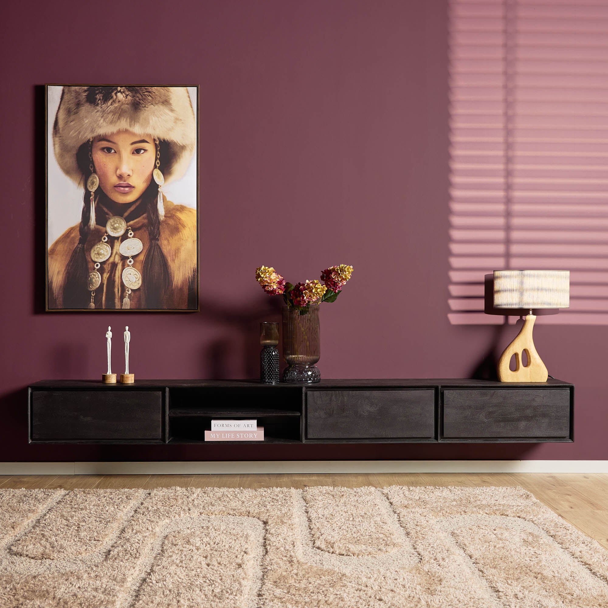 Zwevend TV-meubel Ambiance Zwart 280cm van Starfurn, extra breed wandmeubel van mangohout