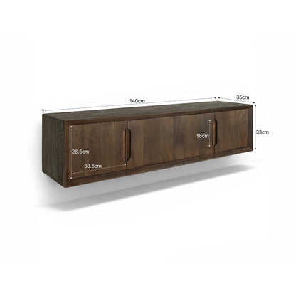 Zijaanzicht van het zwevende Cortez tv-meubel, 35 cm diep en 33 cm hoog