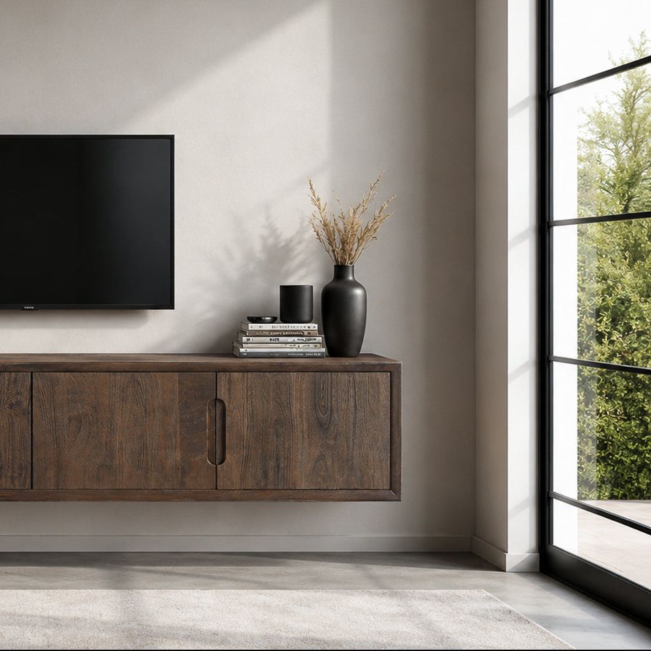 Zwevend Cortez tv-meubel van 180 cm aan de wand met televisie erboven