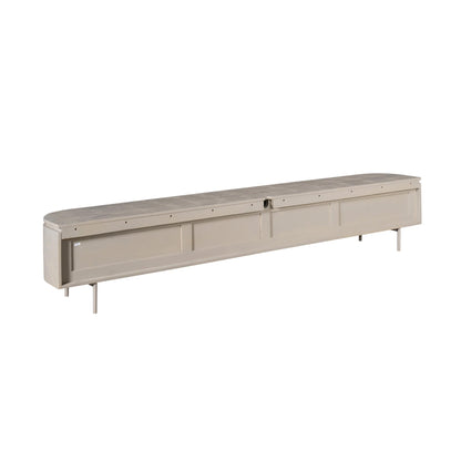 Lang tv-meubel Excellent in taupe van Starfurn schuin gefotografeerd op metalen poten
