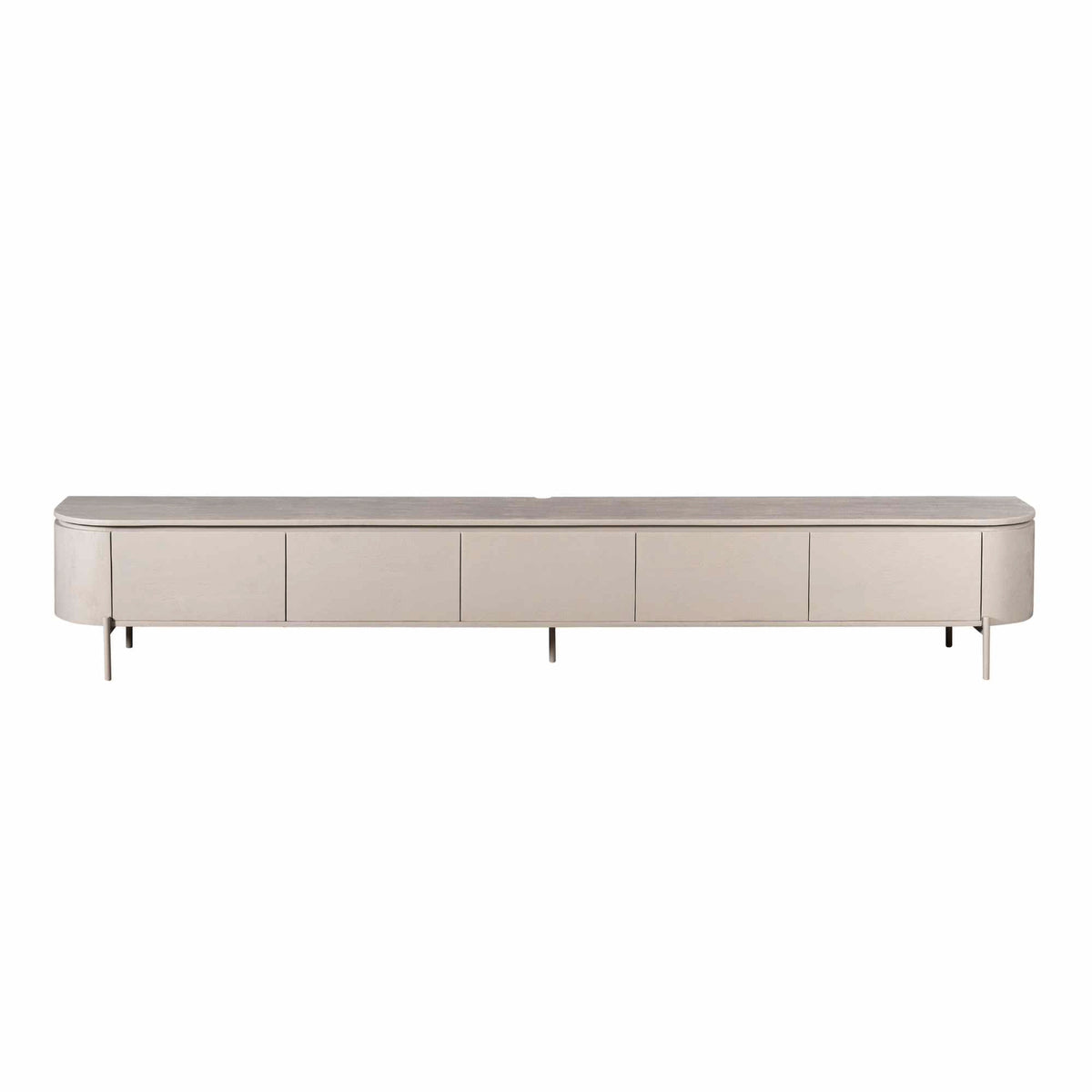 Zwevend TV-meubel Excellent Taupe 280cm van Starfurn op metalen pootjes, vooraanzicht