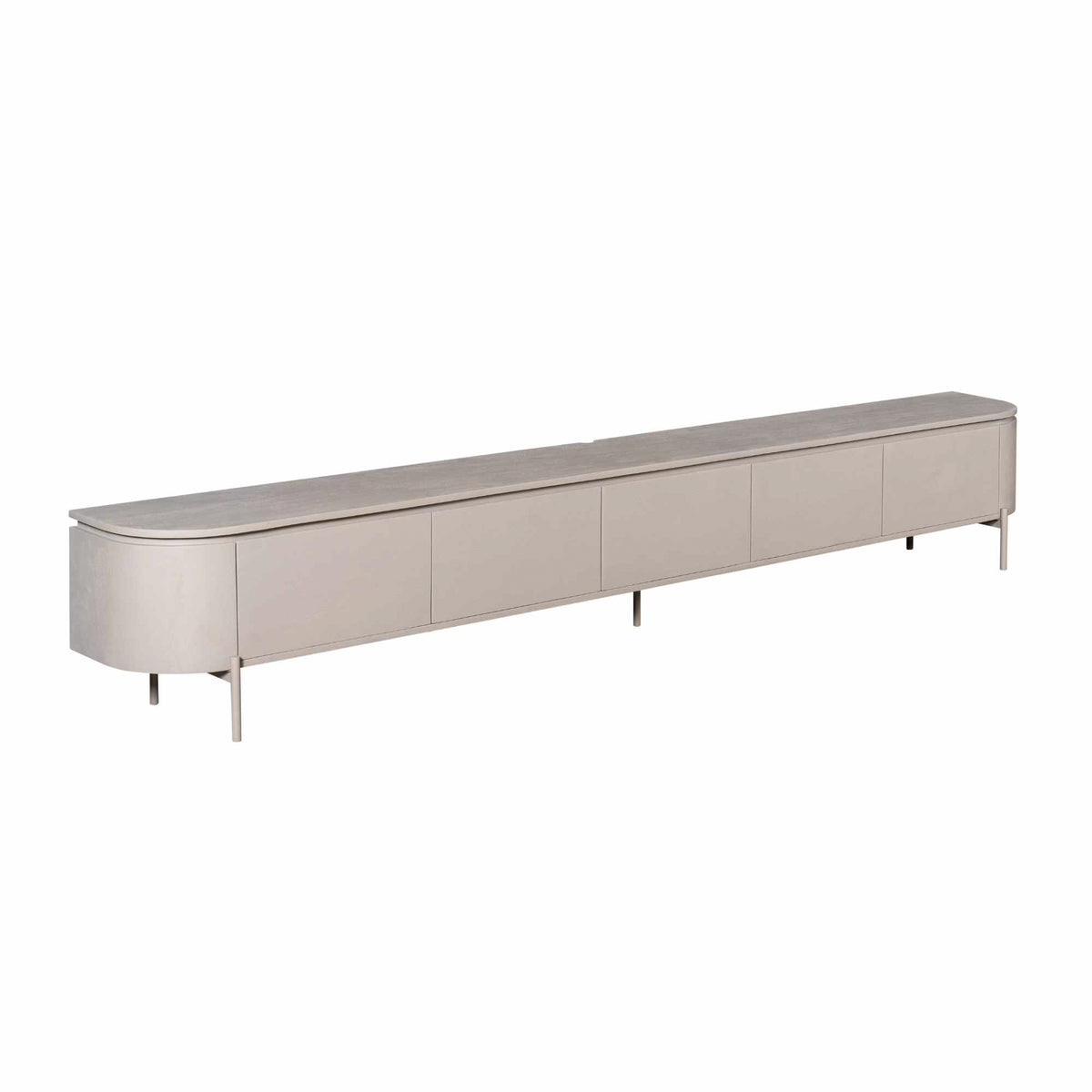 Zwevend TV-meubel Excellent Taupe 280cm van Starfurn schuin van links, met afgeronde zijkant