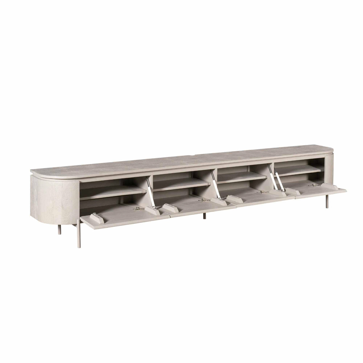 Zwevend TV-meubel Excellent Taupe 280cm van Starfurn met geopende klepdeuren en legplank