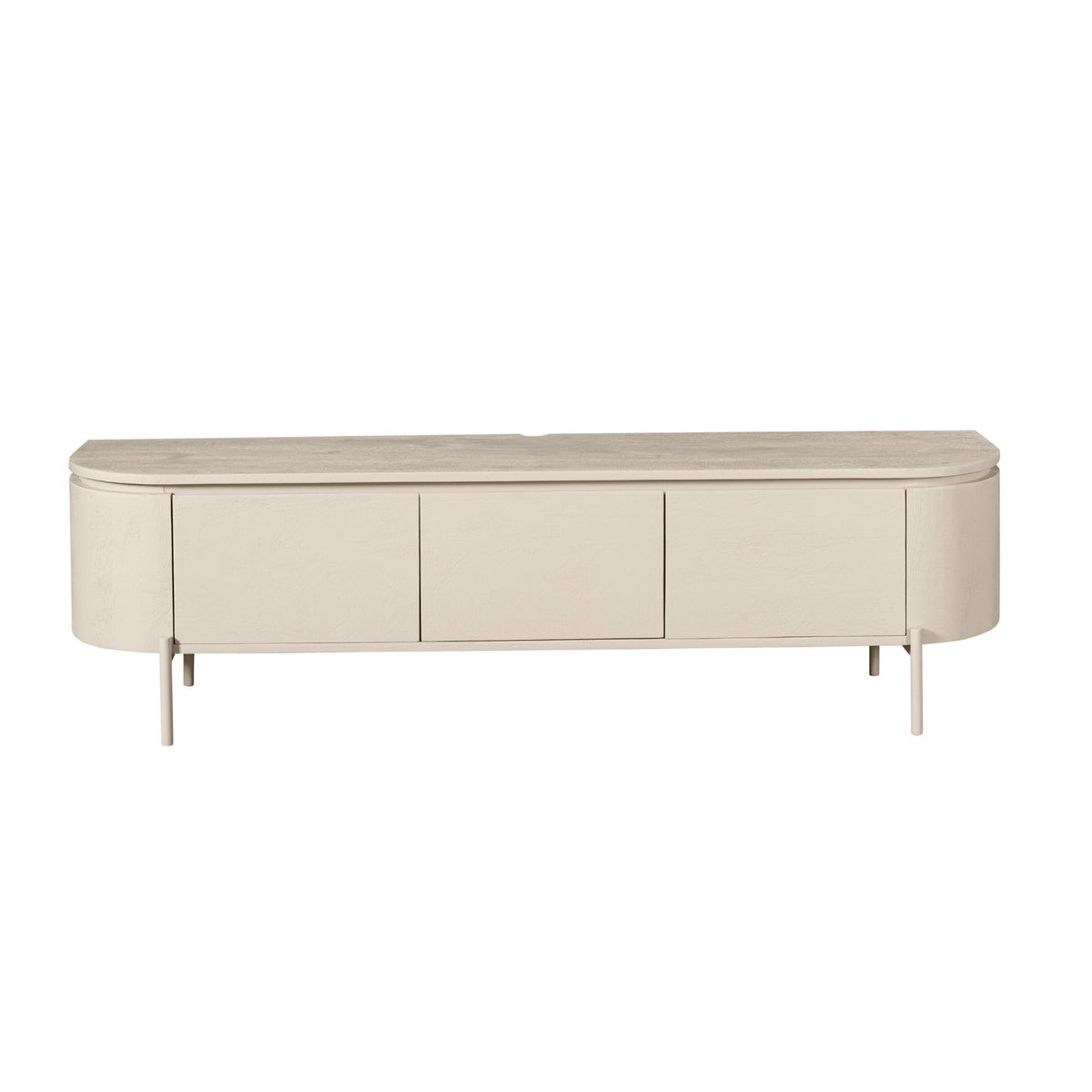 Zwevend TV-meubel Excellent Zand 160cm van Starfurn op metalen pootjes, vooraanzicht
