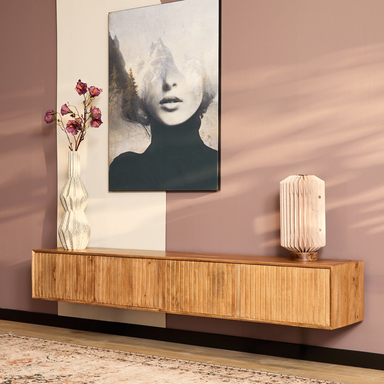 Zwevend tv meubel Madison van Starfurn in naturel mangohout, 200 cm breed