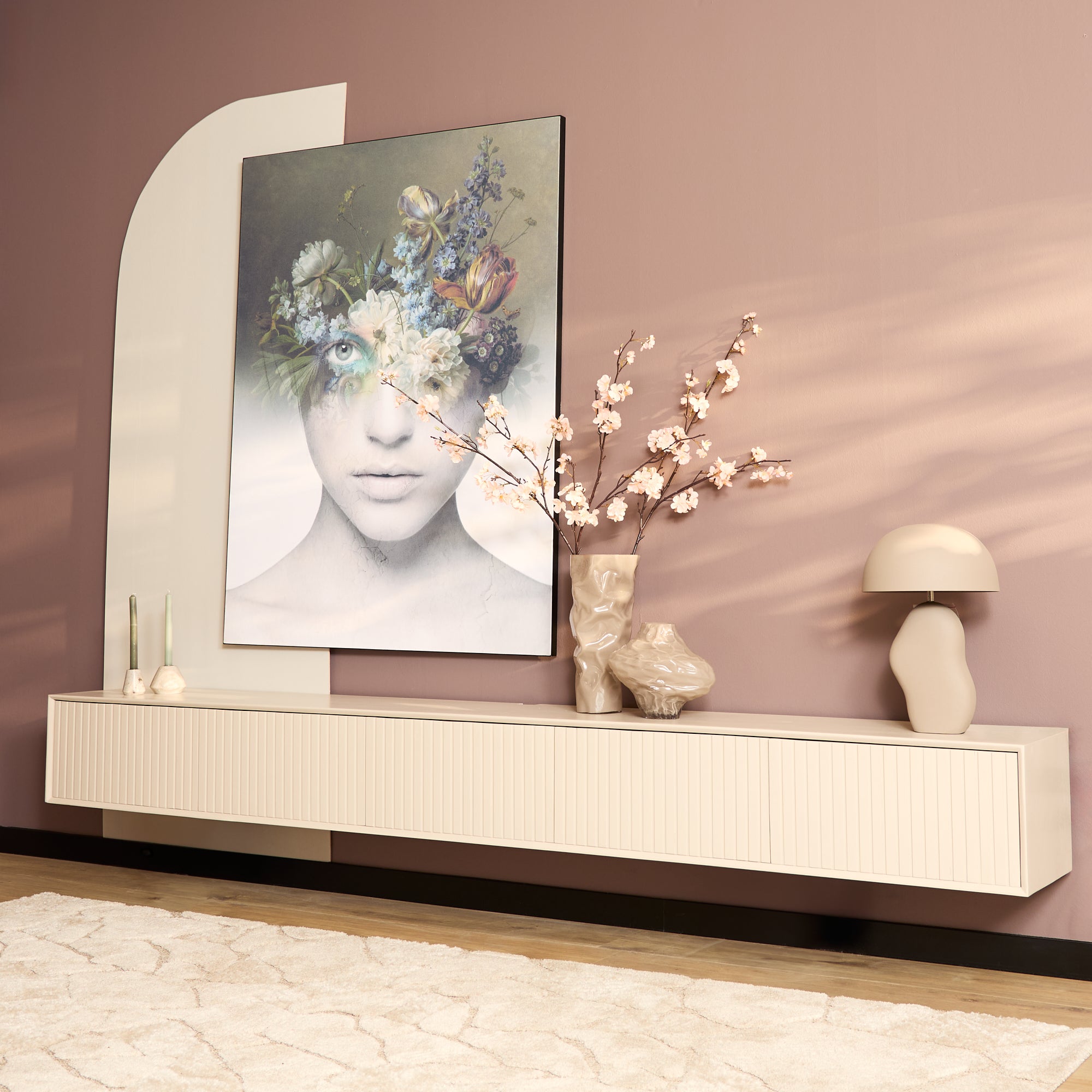 Zwevend tv meubel Madison van Starfurn in zandkleurig mangohout, 280 cm breed