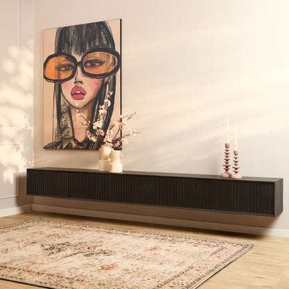 Zwevend tv meubel Madison van Starfurn in zwart mangohout, 280 cm breed, vooraanzicht