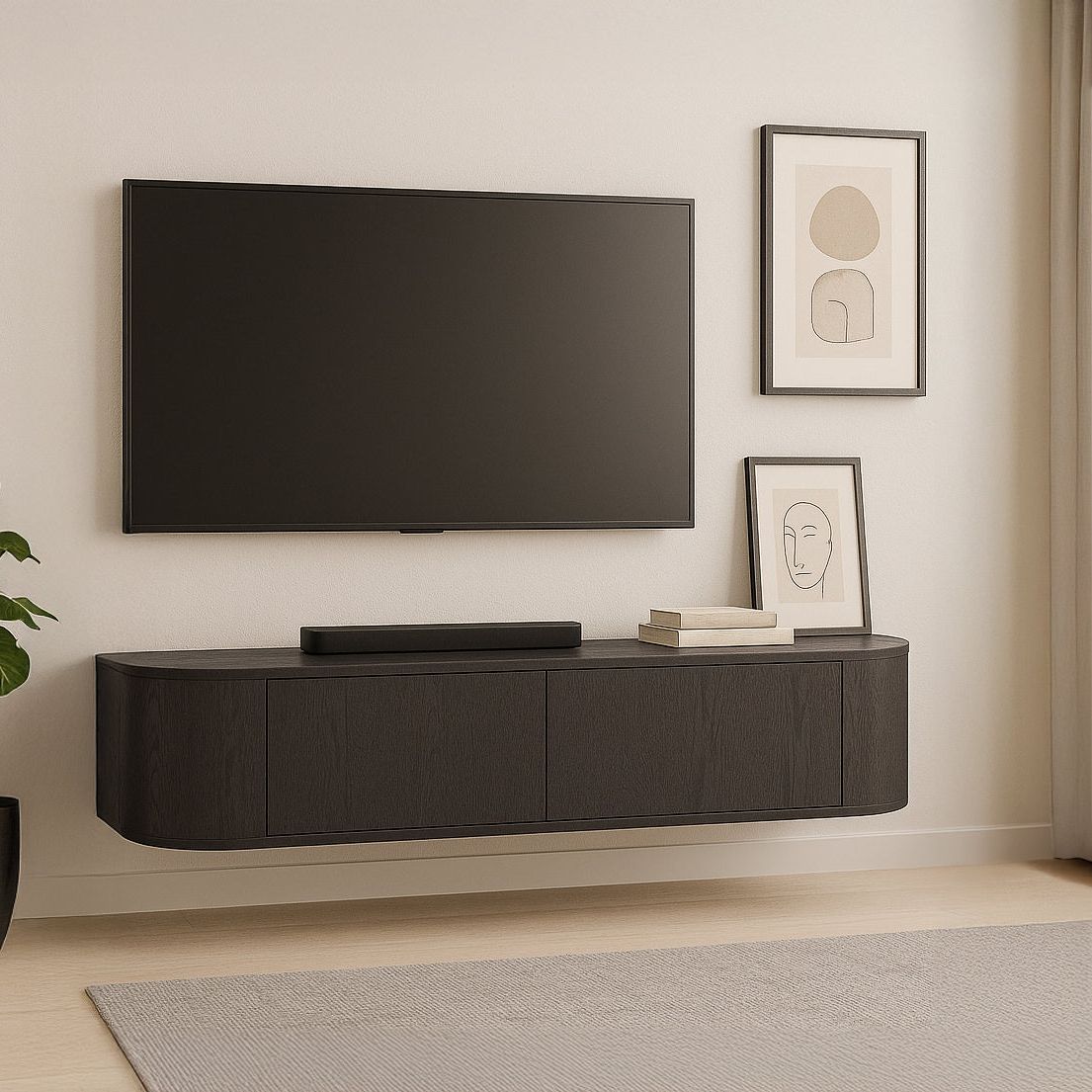 Zwevend TV-meubel Novero espresso 140cm in een woonkamer